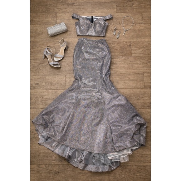 silver metallic two piece dress Silver Starlet Dress / Metallic Halter Gown with Cutouts and Mesh Back WEASEL WEAR